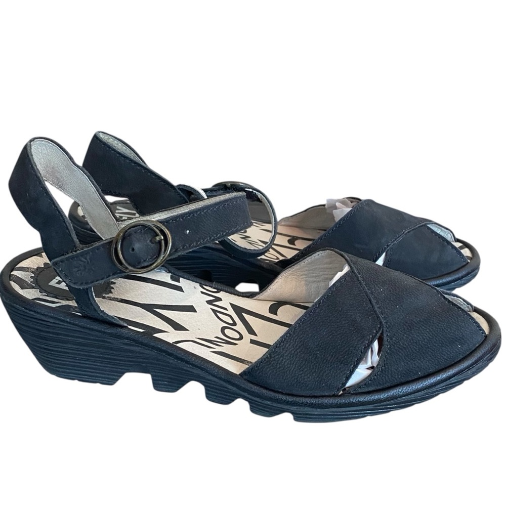 F3 Fly London Pero Black Peep Toe Wedge 39